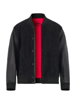 HUGO, Collegejacke Laxe, Leder-Mix, Schwarz