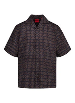 HUGO, Kurzarmhemd Espino, Oversized Fit, Baumwolle, Schwarz-braun Gemustert