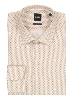 BOSS Black, Hemd Hank, Slim Fit, Baumwolle, Beige Gemustert